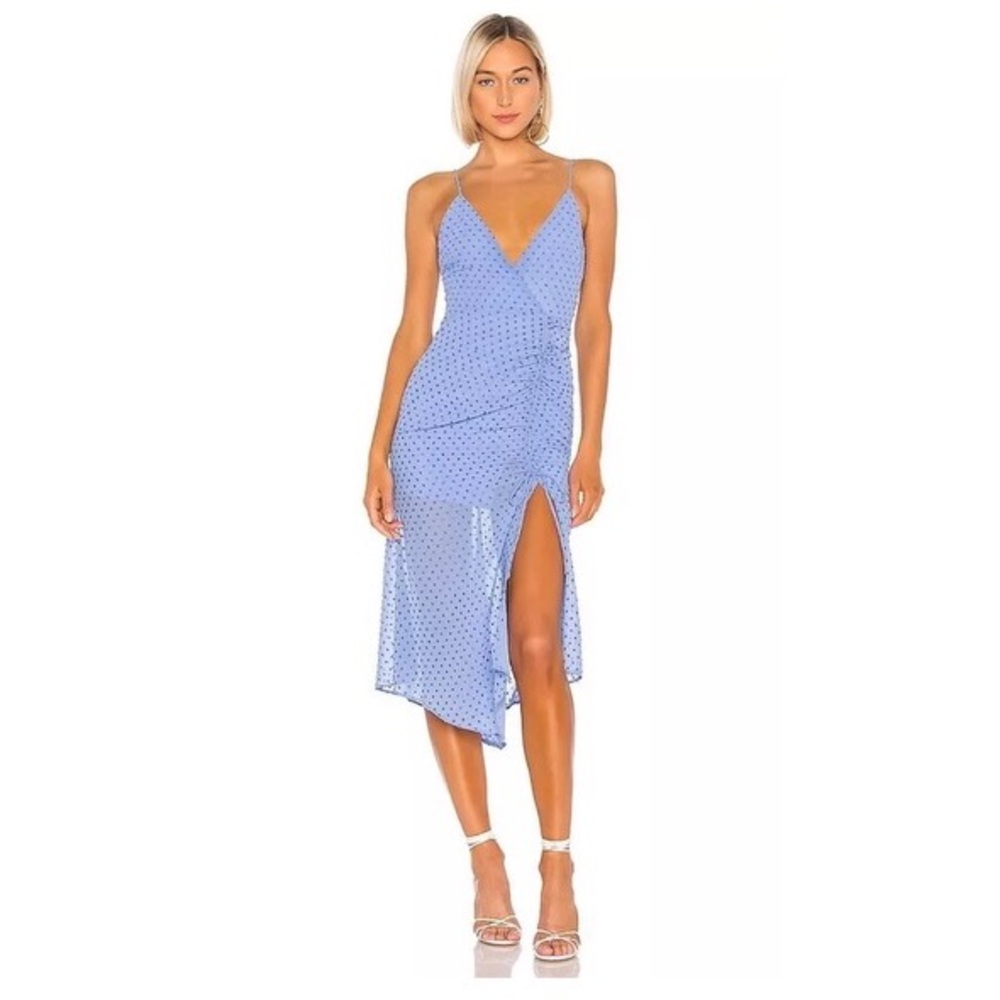Revolve NBD Swiss Dot Ruched Sleeveless Midi Dress Periwinkle Blue